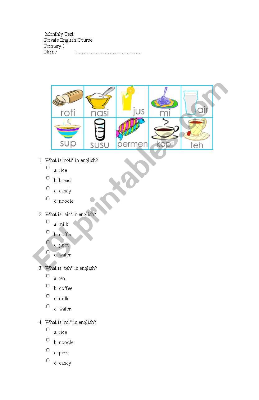 knowing food and drink worksheet