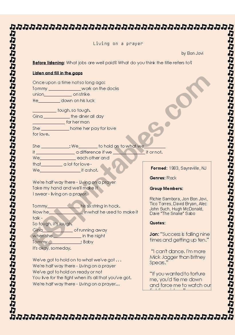 Living on a prayer worksheet