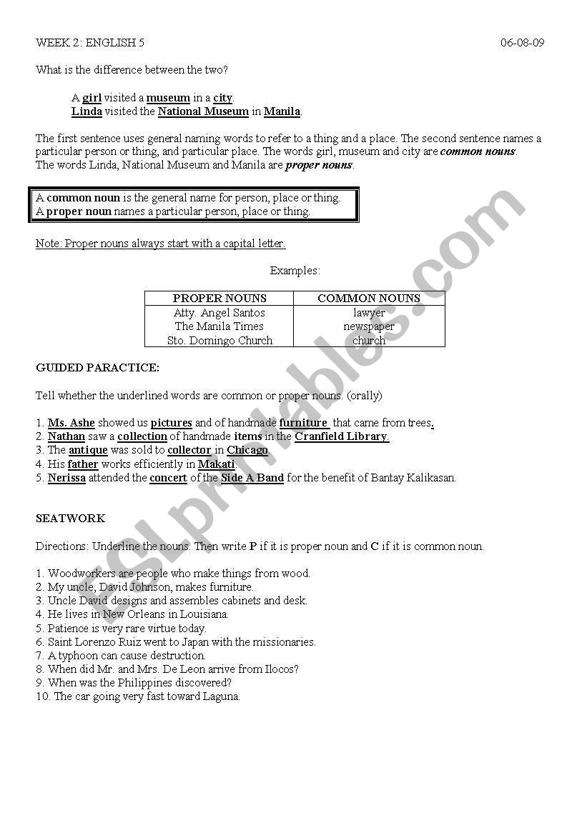 proper and common nouns worksheet
