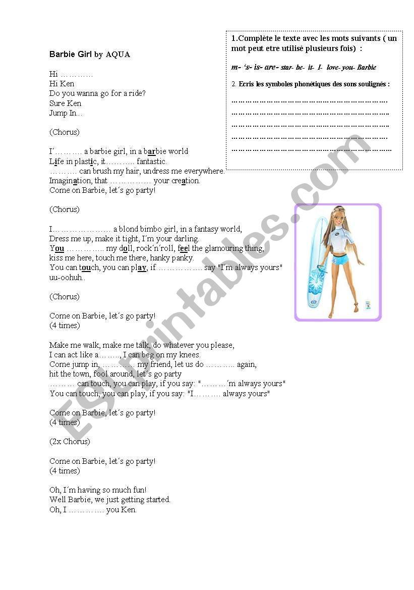 Barbie girl, Aqua worksheet