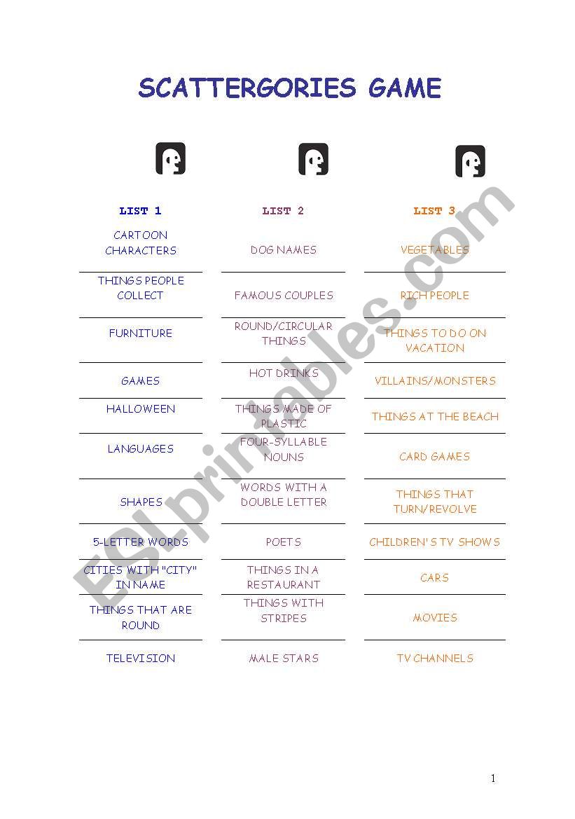 Scattergories Game worksheet