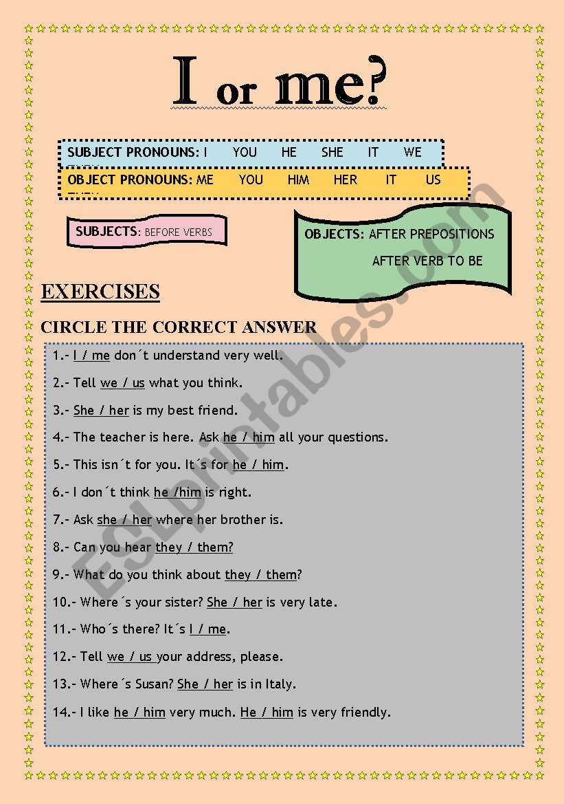 I or ME? worksheet