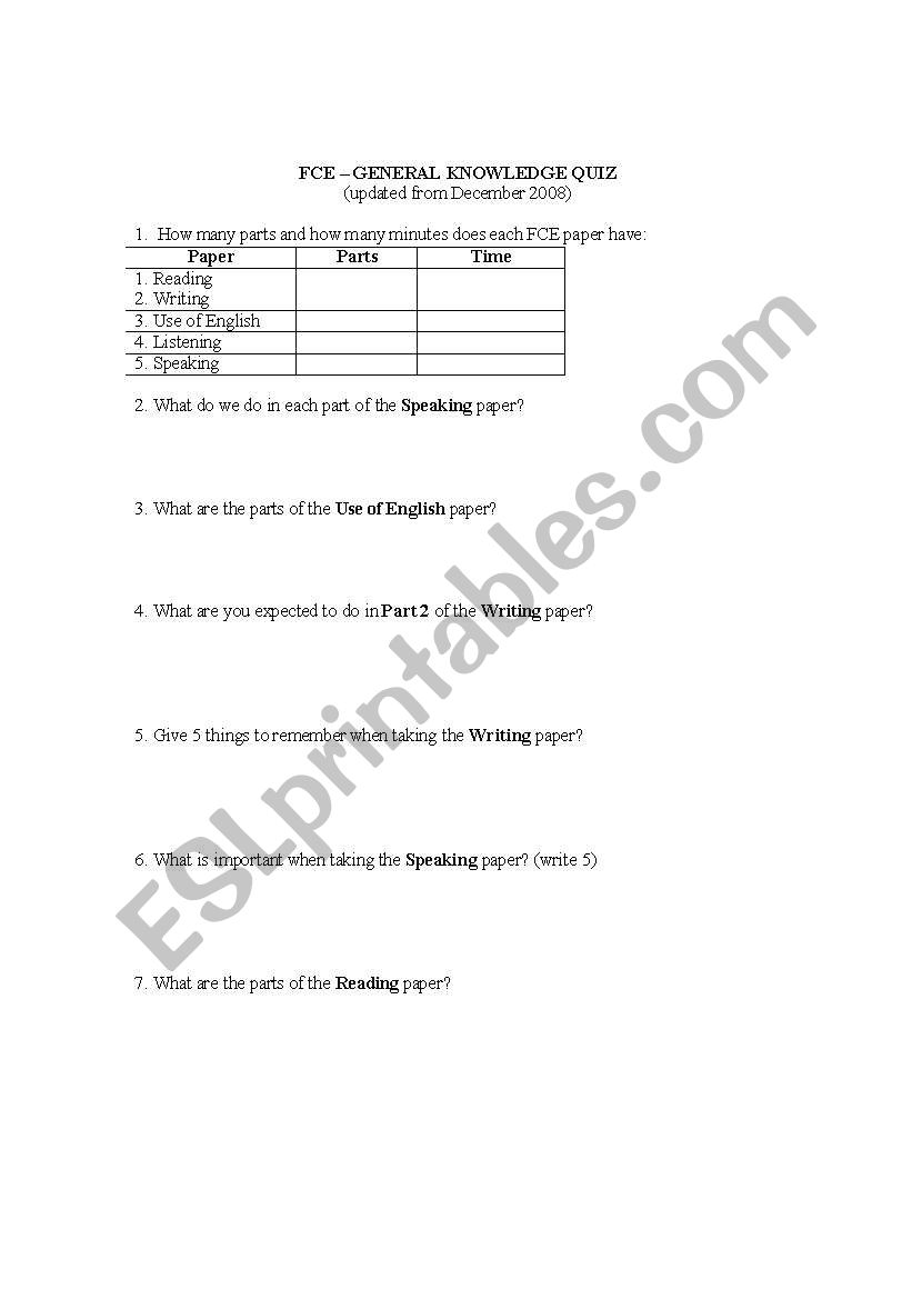 FCE General Knowledge Quiz worksheet