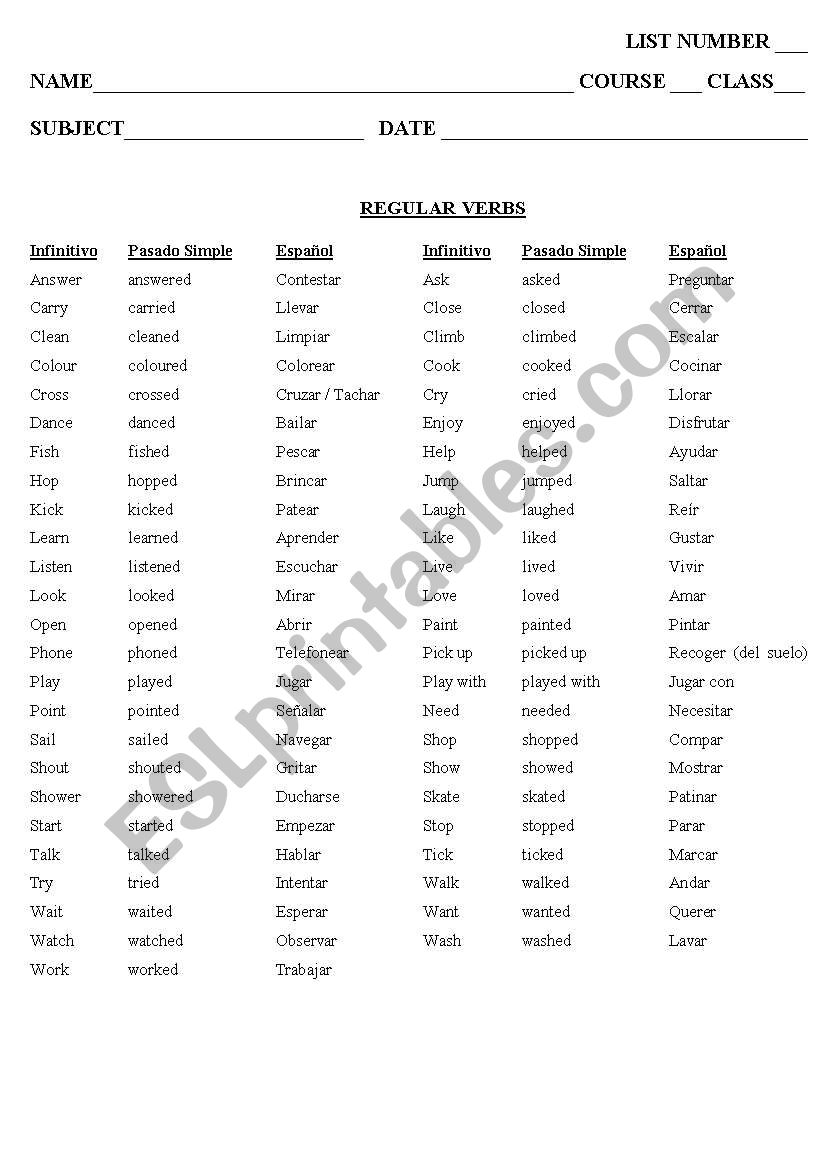 VERBS worksheet