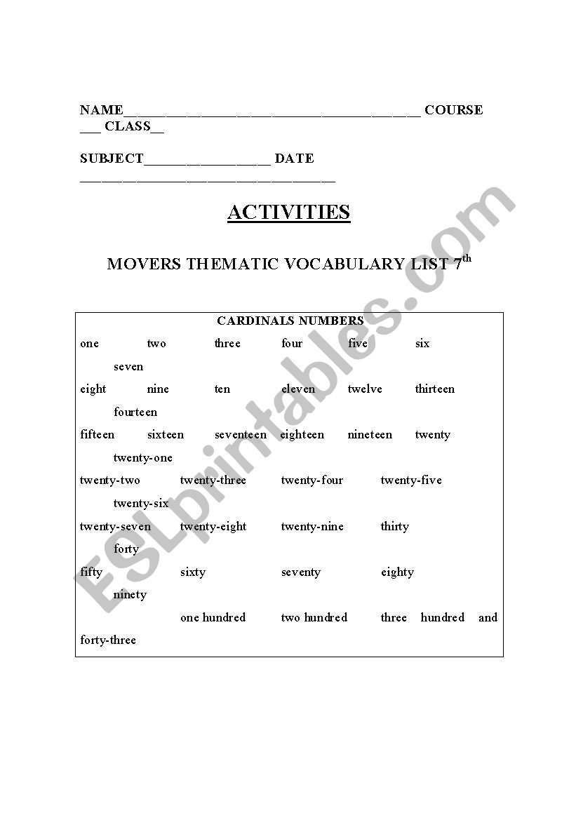 NUMBERS worksheet