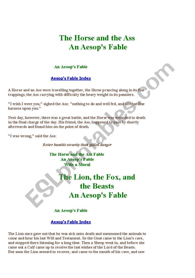 esop fable worksheet