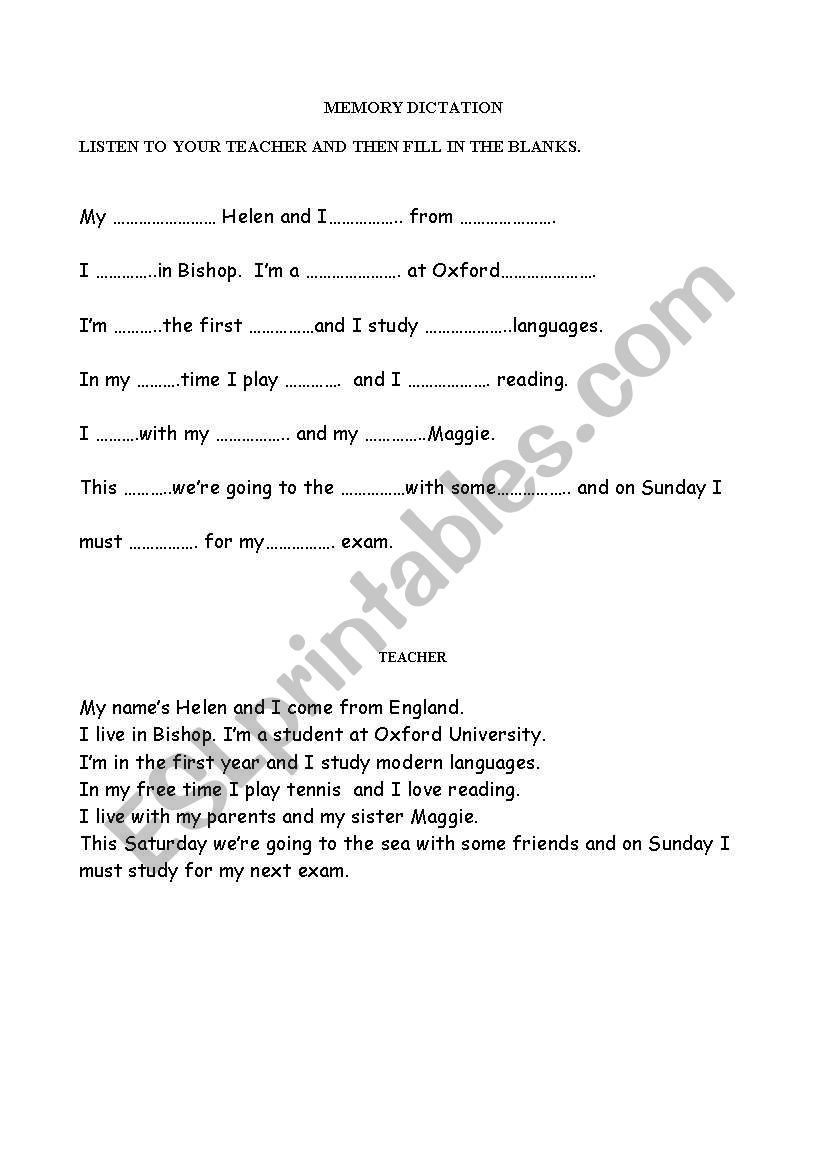 MEMORY DICTATION worksheet