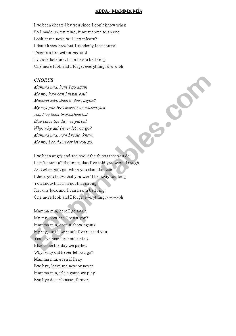 Abba lyrics. Mamma mia worksheet