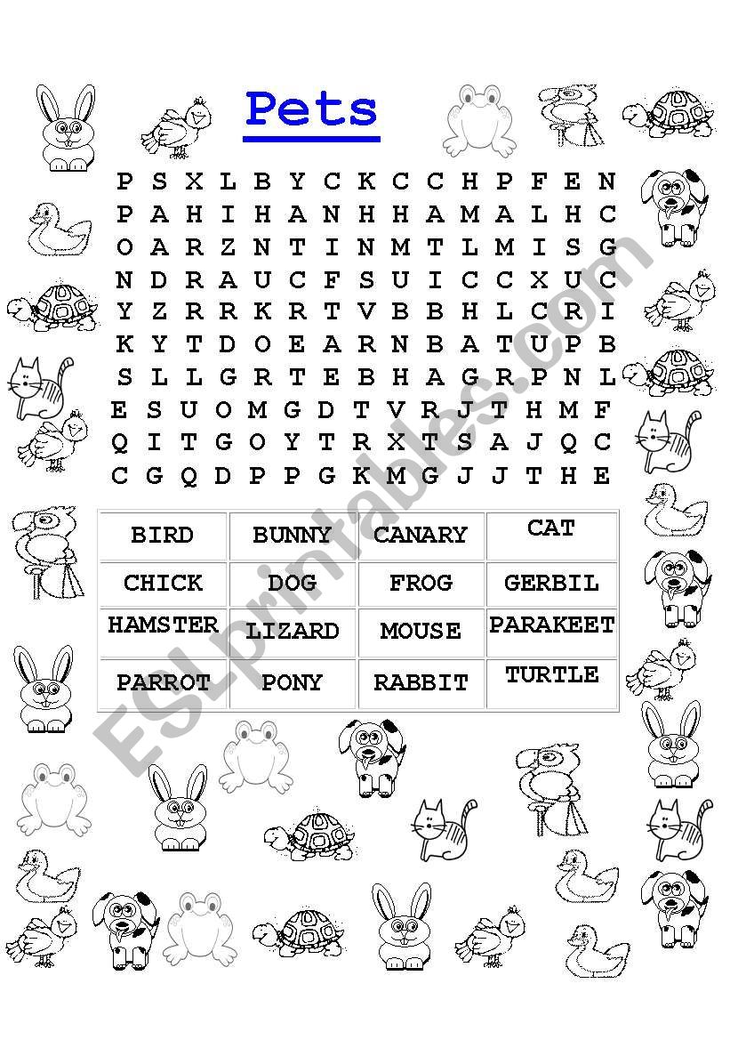 Pets word search worksheet