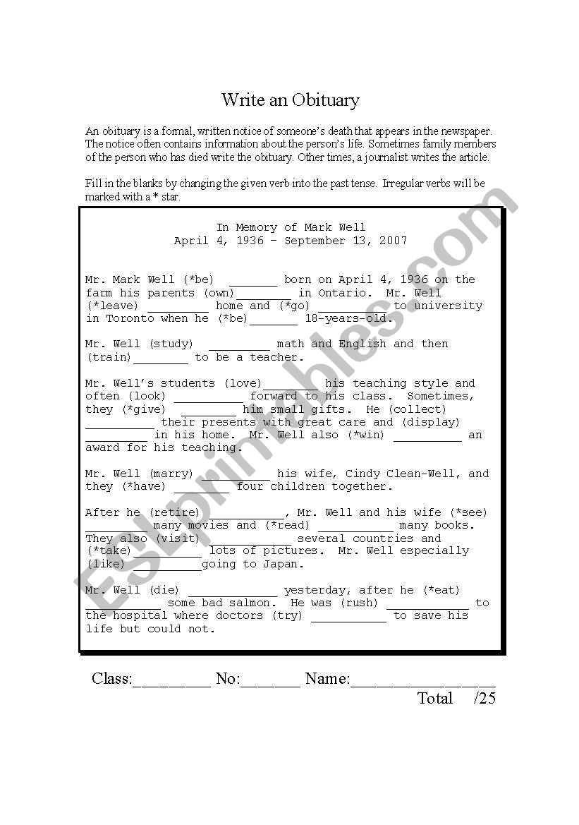 Write an Obituary - ESL worksheet by orb23