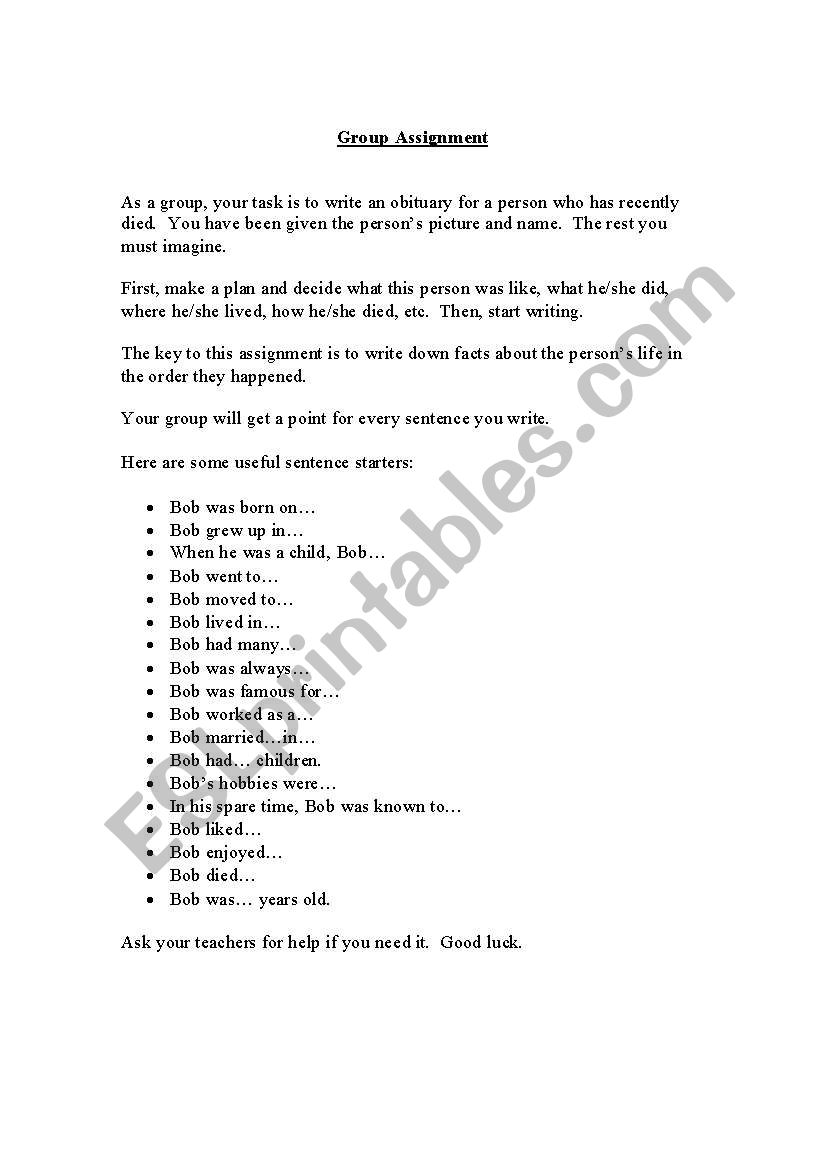 Write an Obituary - ESL worksheet by orb23