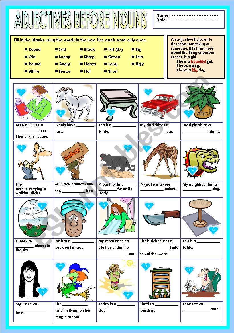 Adjective before nouns worksheet