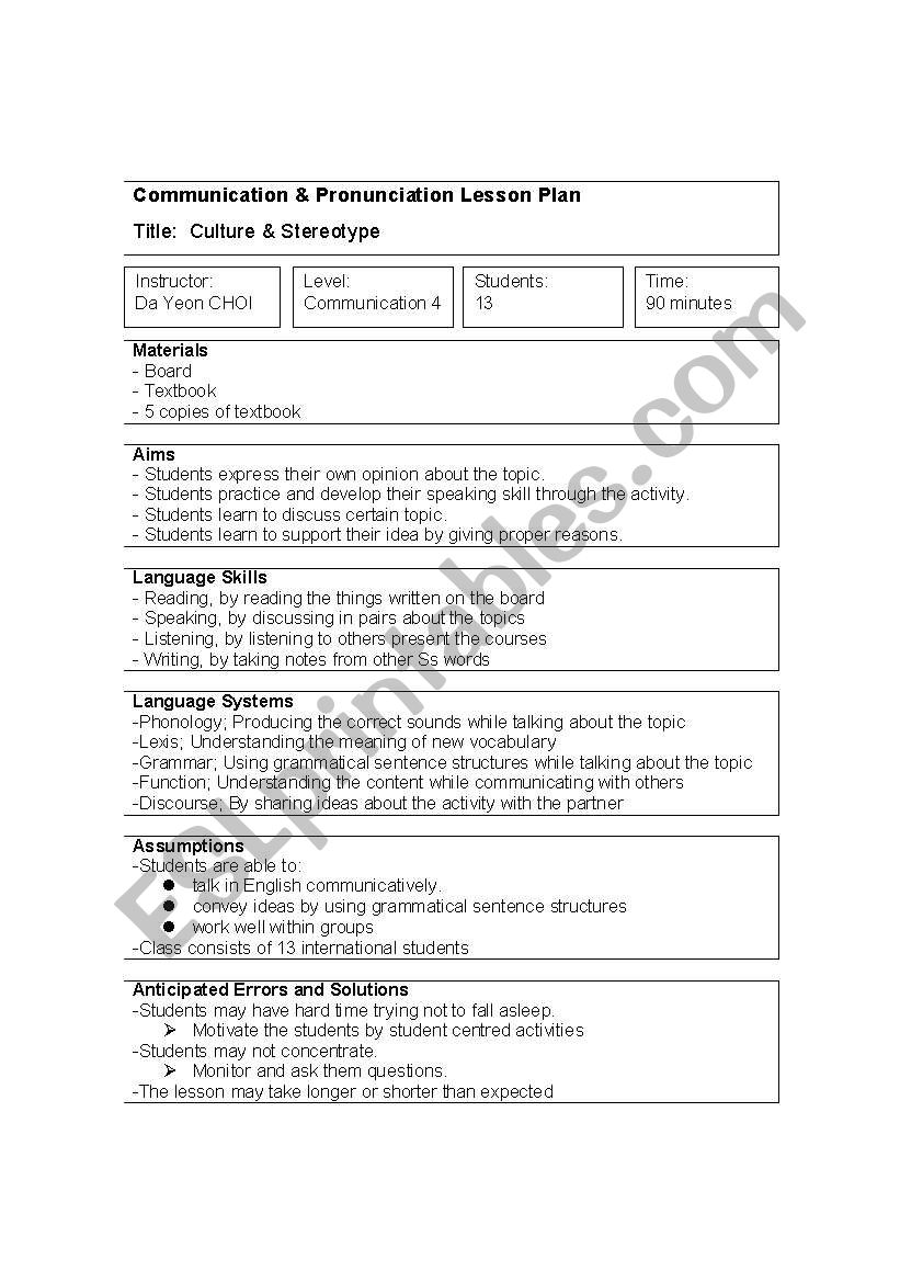 communication class lesson plan