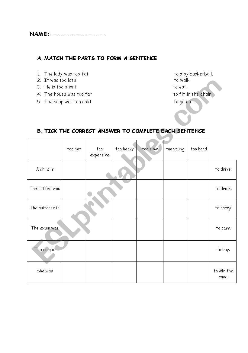 Too + adjective + to verb1 worksheet