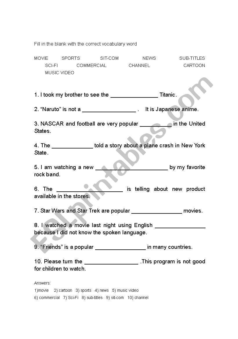 TV words for everyday conversation Fill In The Blank Worksheet