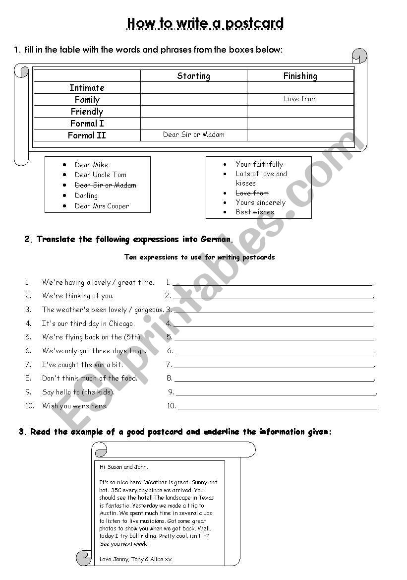How to write a postcard worksheet