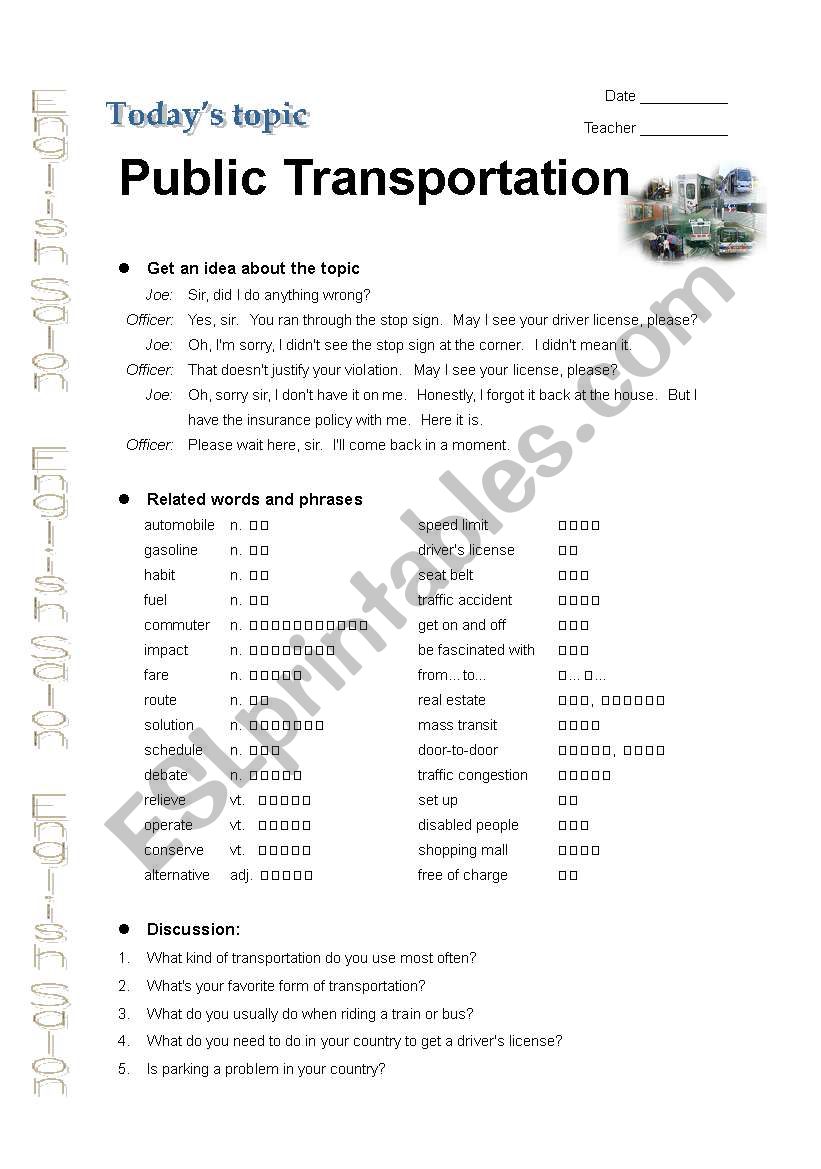 Public transportation worksheet