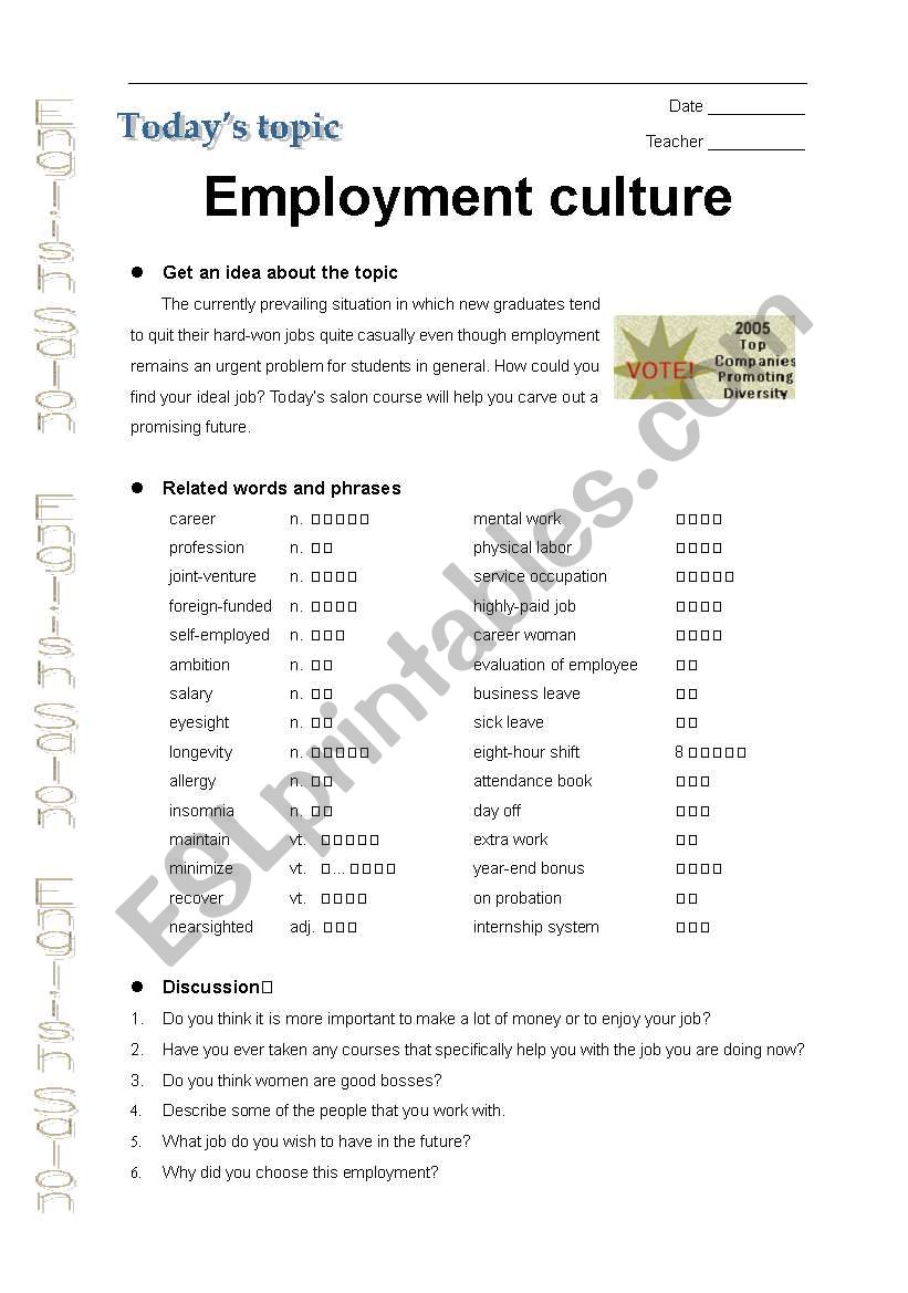 Employment culture worksheet