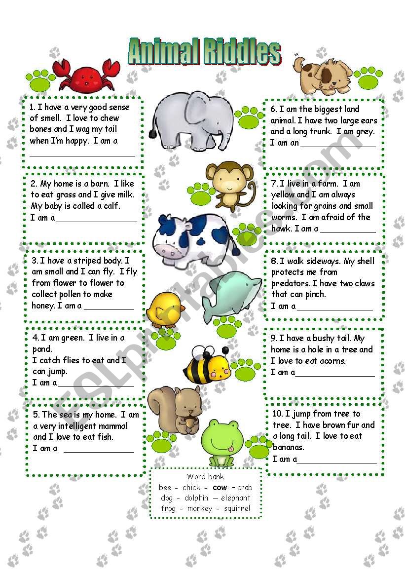 Animal Riddles Esl Worksheet By Anna P