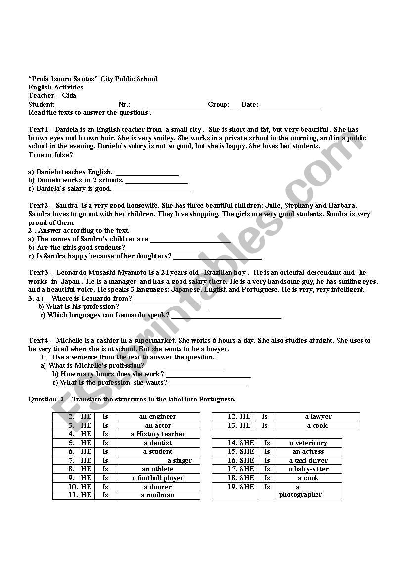 Professions worksheet