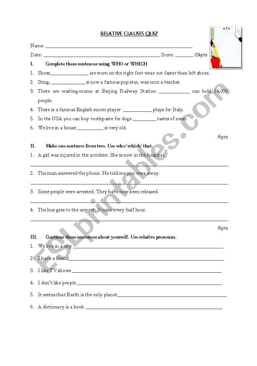 Relative Clauses Quiz worksheet