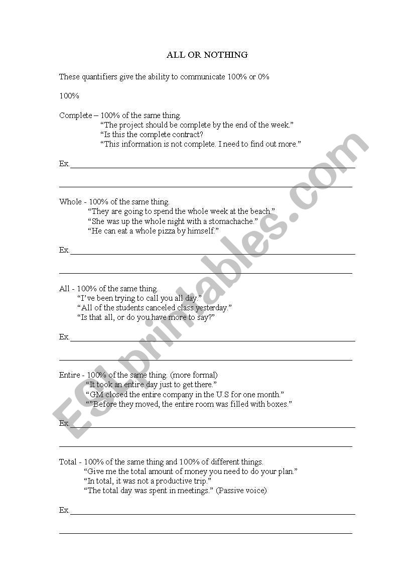 QUANTITY - ALL OR NOTHING worksheet