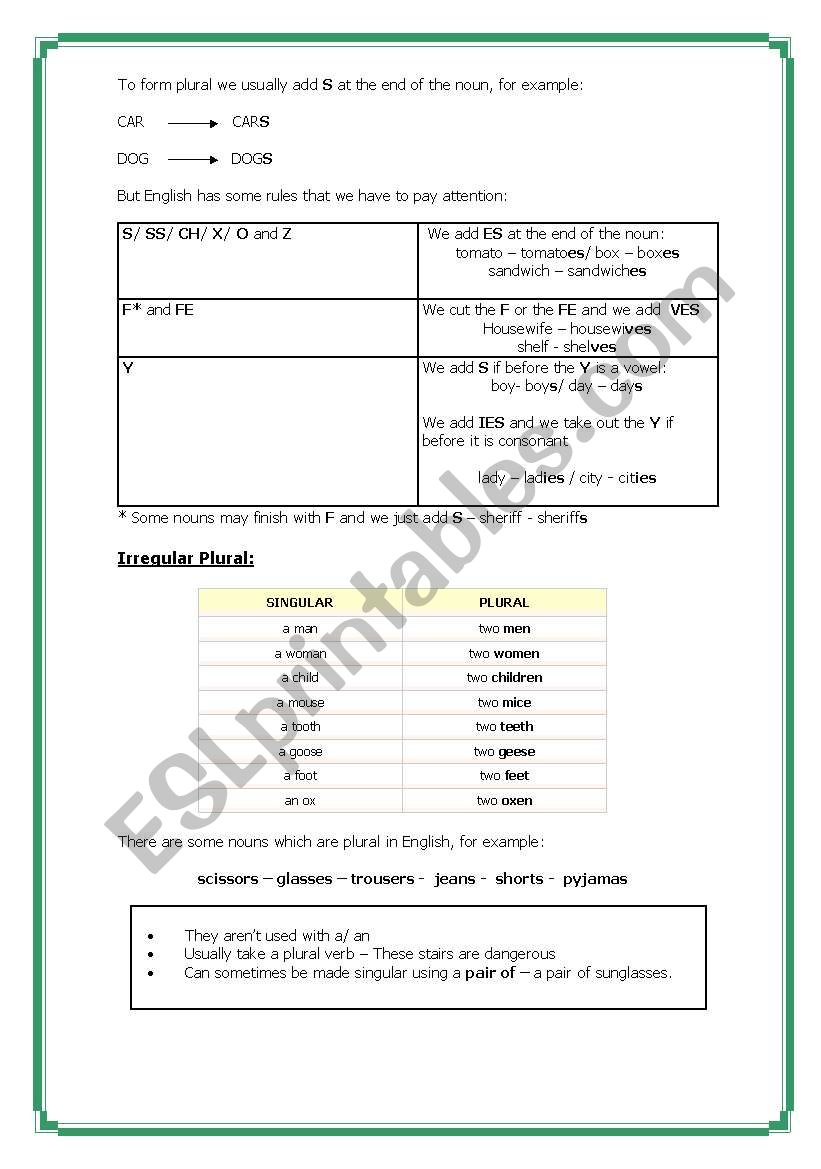 PLURAL x SINGULAR worksheet