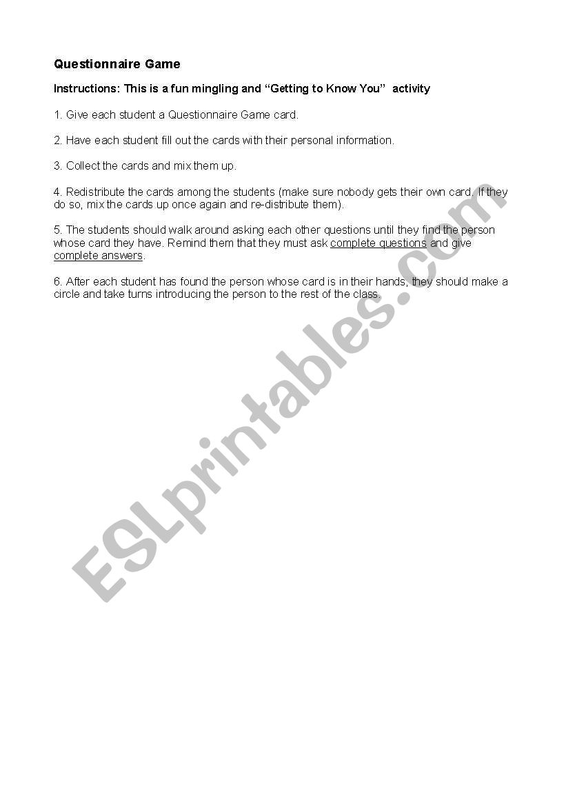 Questionnaire Game worksheet