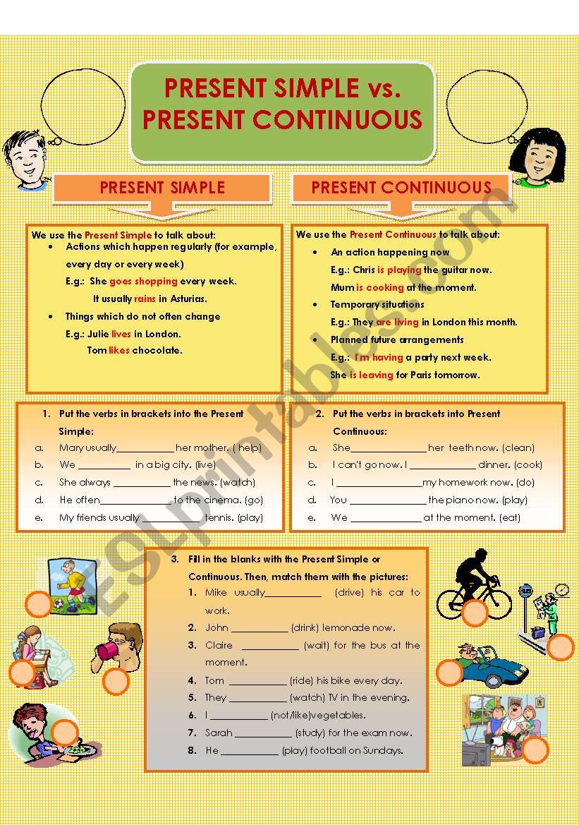 Present Simple vs Present Continuous Review (2 pages)