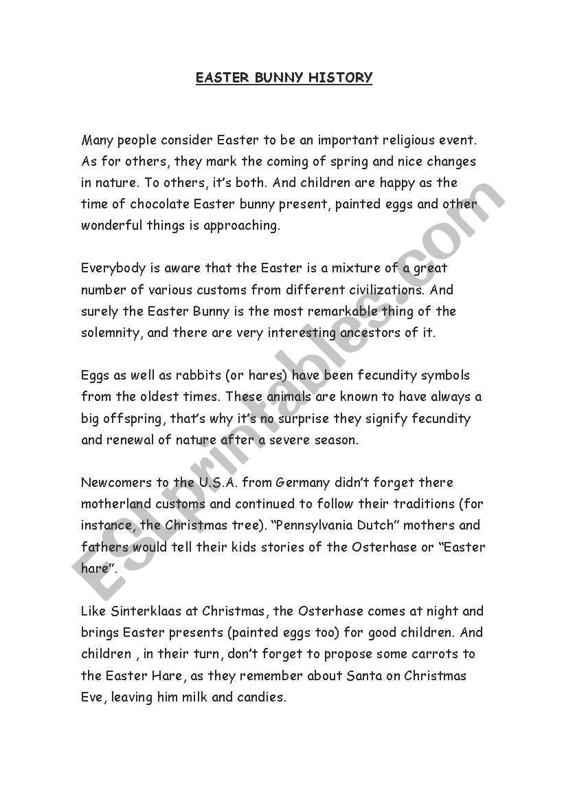 EASTER BUNNY HISTORY worksheet