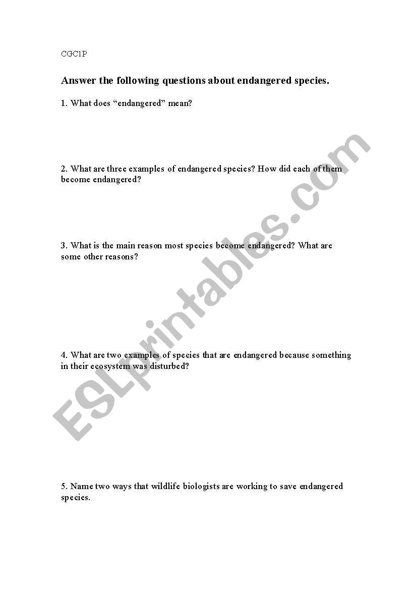 Endangered Species  worksheet