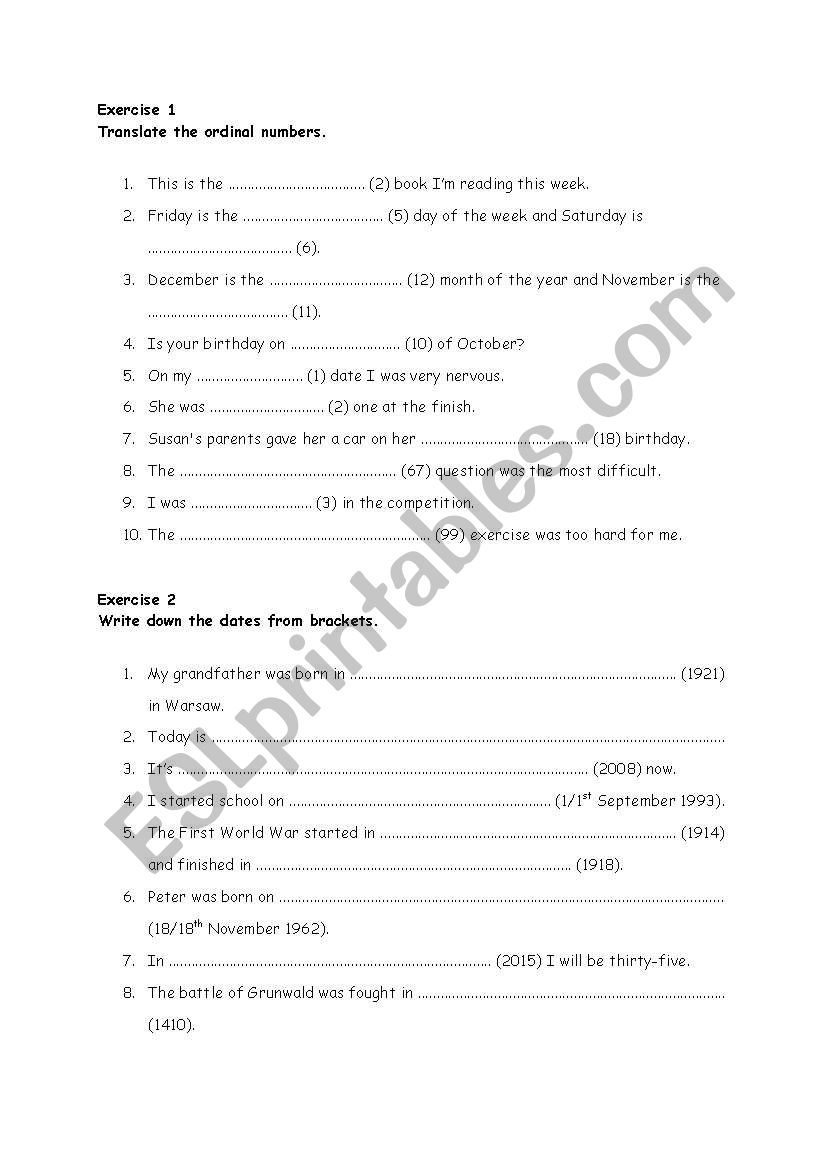 ordinal numbers worksheet