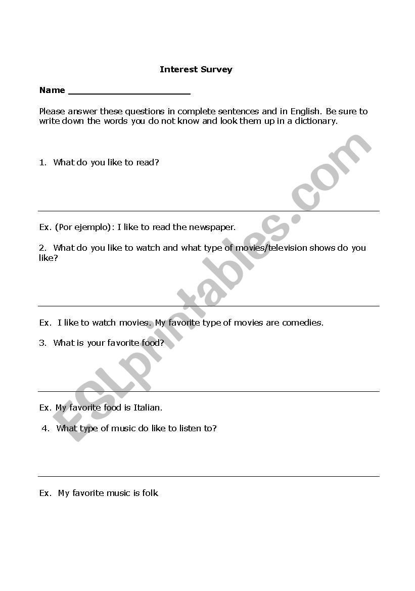 Interest Survey worksheet