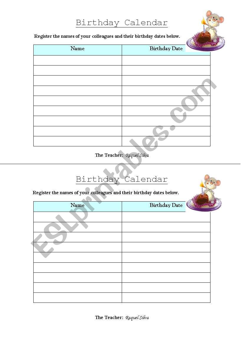 Birthday Calendar worksheet