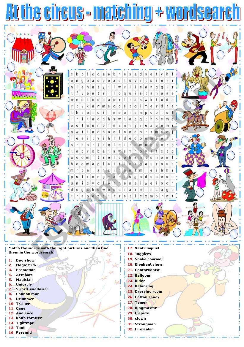AT THE CIRCUS - MATCHING EXERCISE + WORDSEARCH