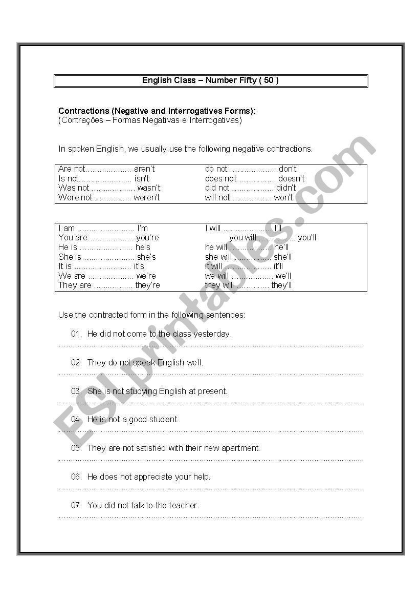 using contractions worksheet