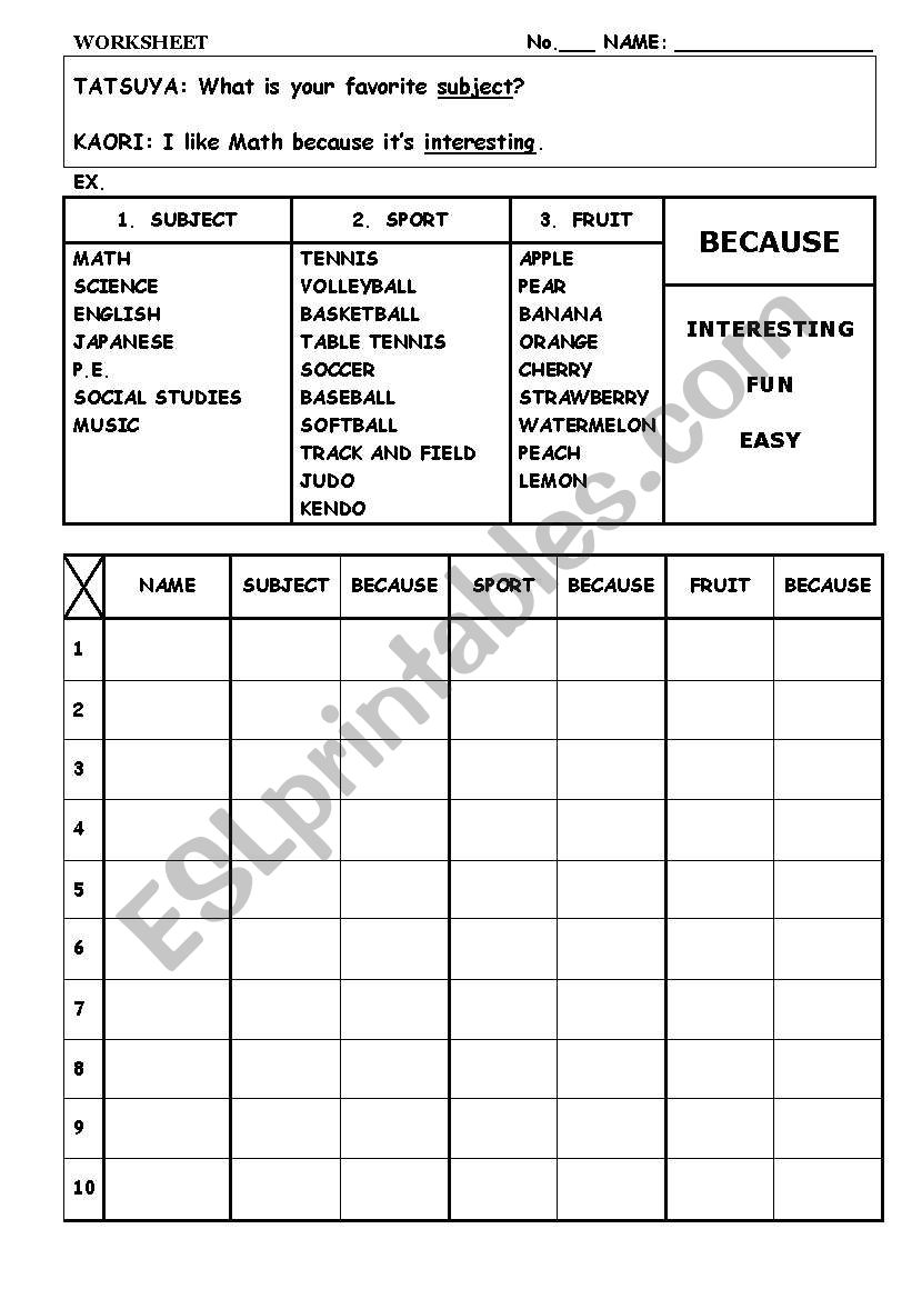 I LIKE BECUASE - worksheet