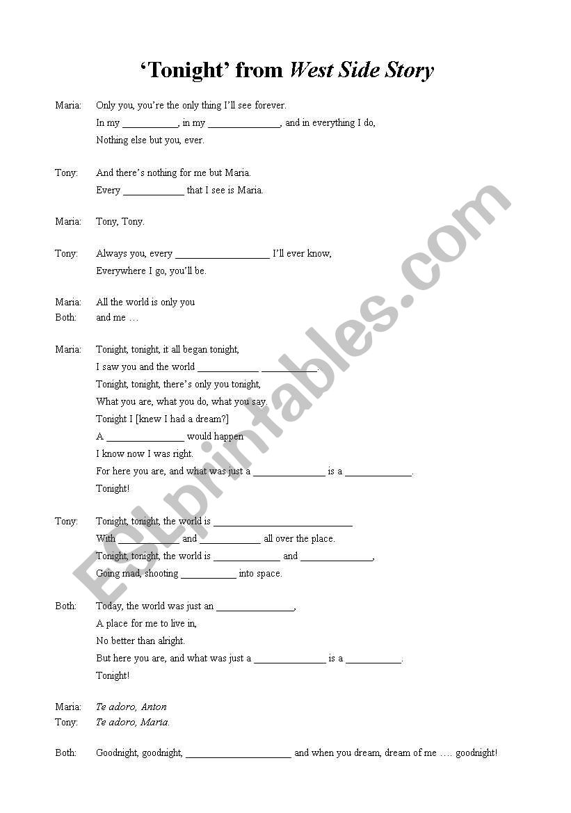 West Side Story - Tonight worksheet