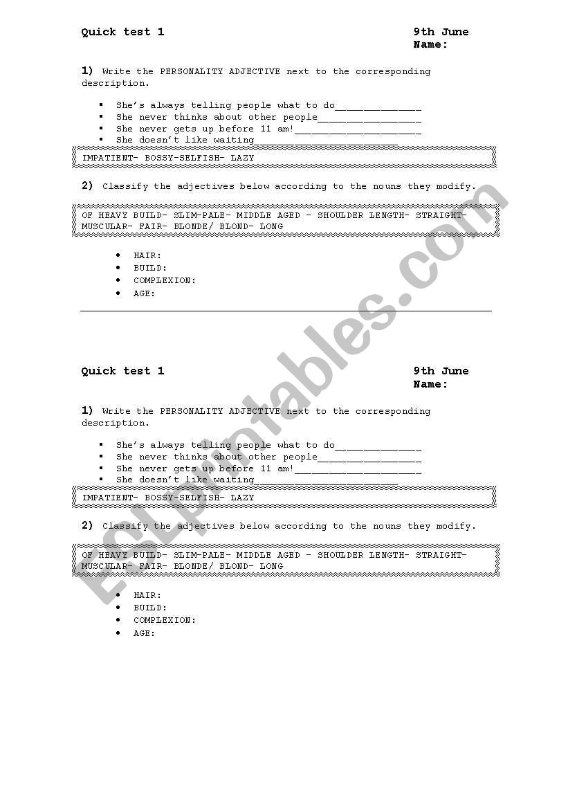 describing people-adjectives worksheet