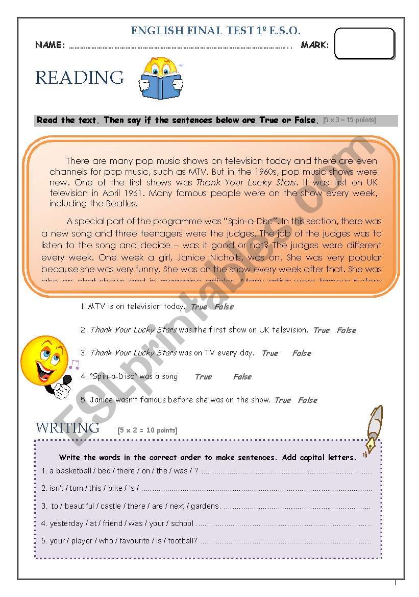 FINAL TEST_1st C.S.E. worksheet