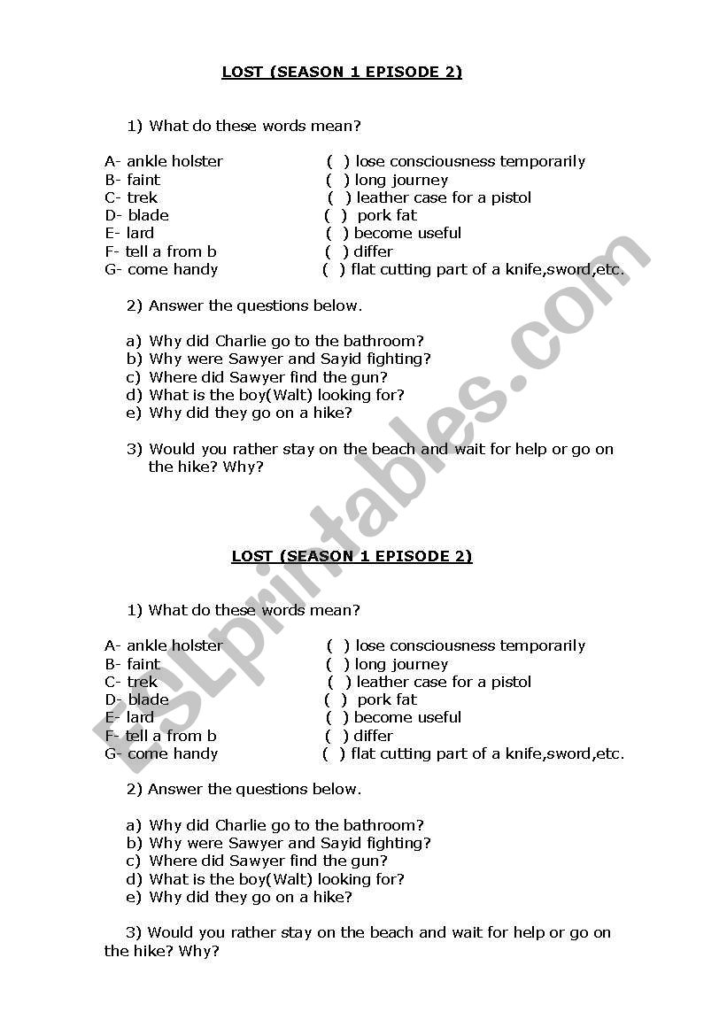 lost season 1 episode 2 worksheet
