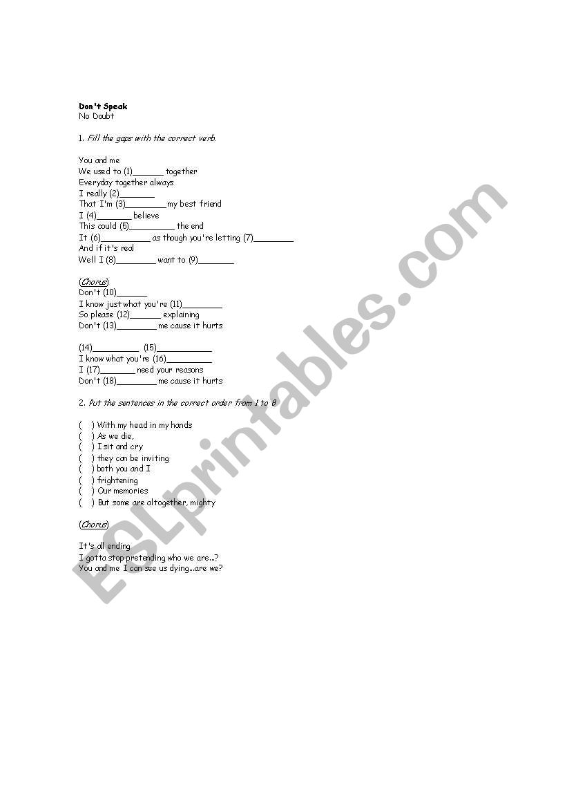 Dont Speak - No Doubt worksheet