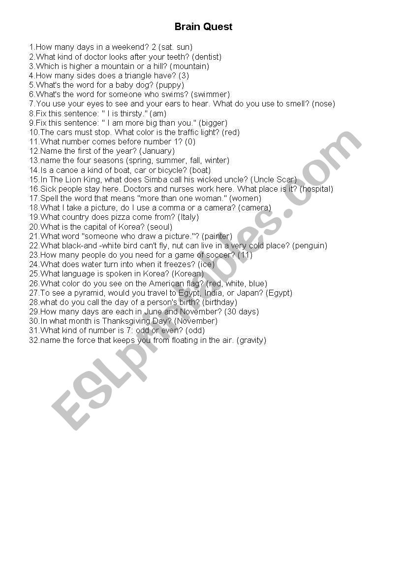 English Worksheets Brain Quest