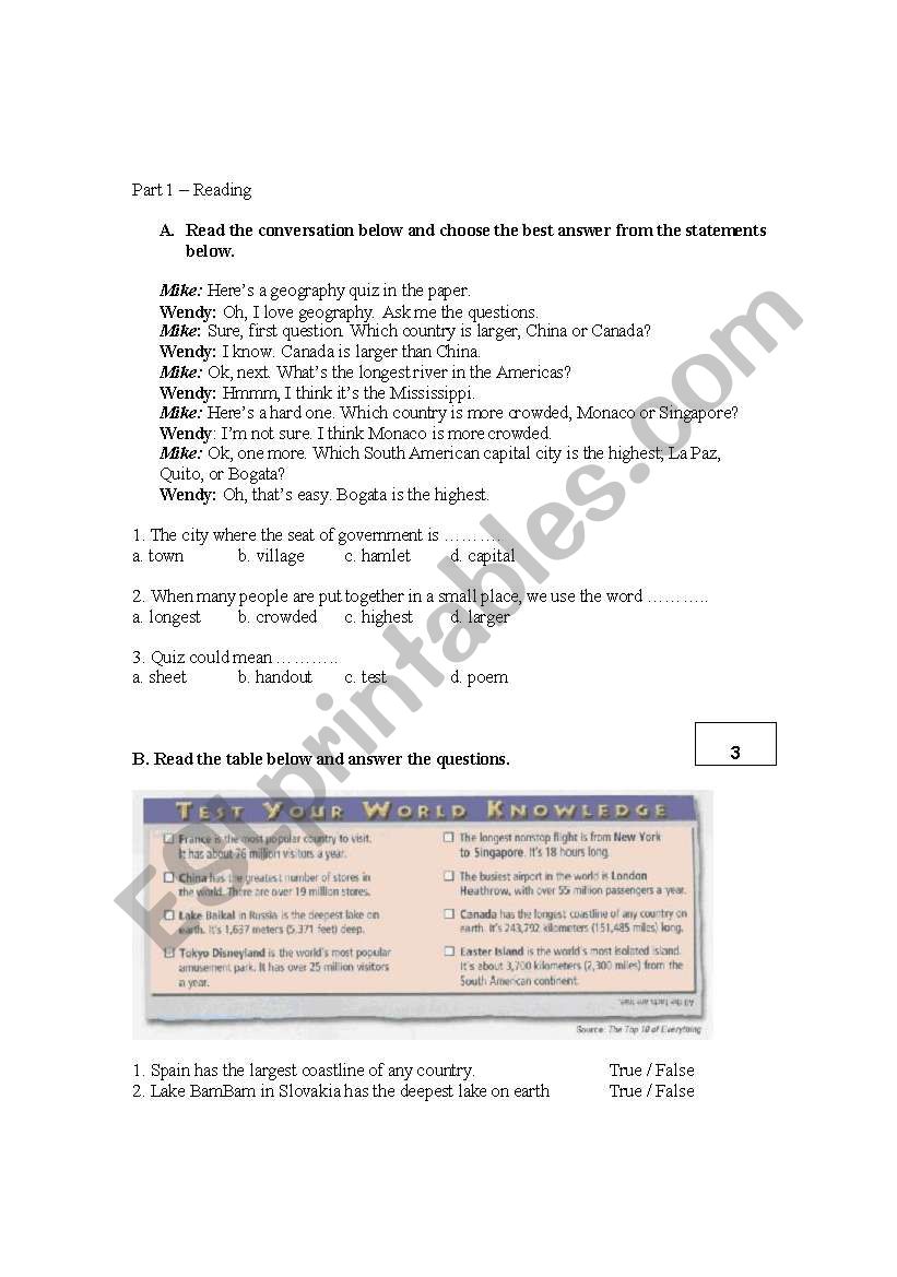 Reading Grammar Test #1 worksheet