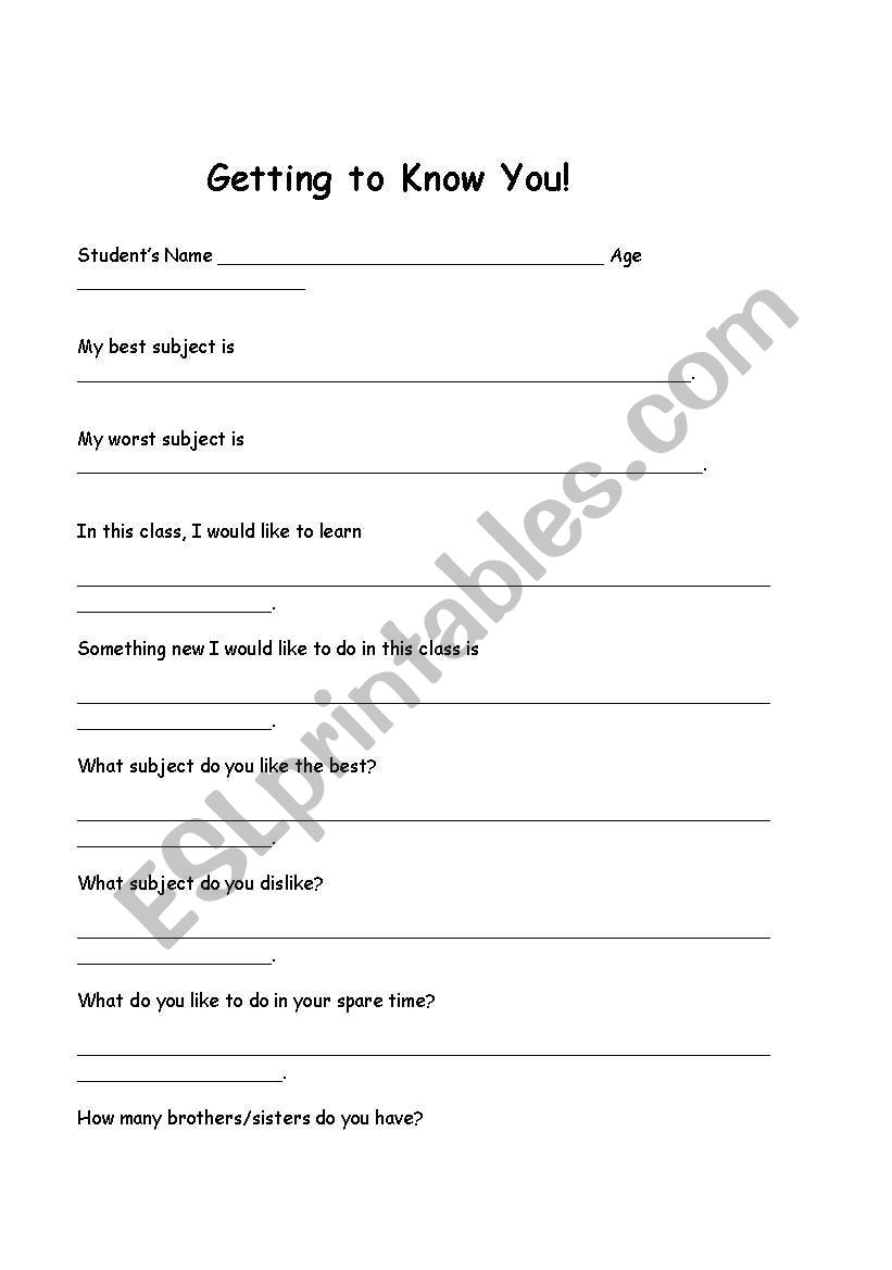 Getting to Know You!!! worksheet