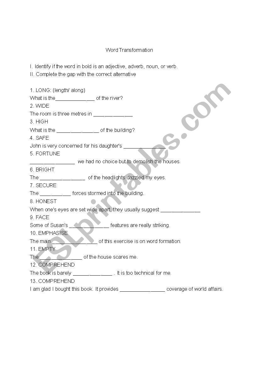 Word Transformation worksheet