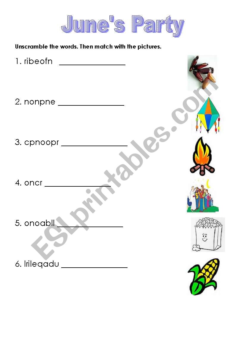 Junes Party worksheet