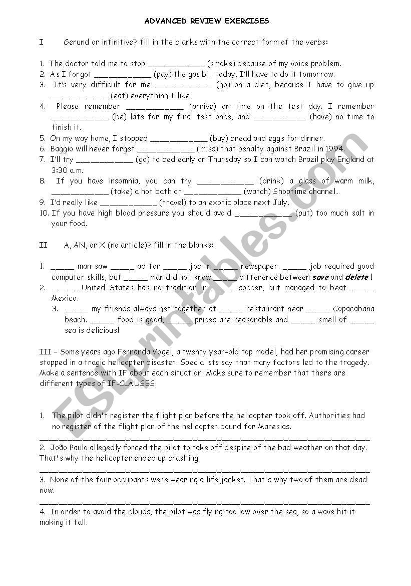 ADVANCED REVIEW EXERCISES worksheet