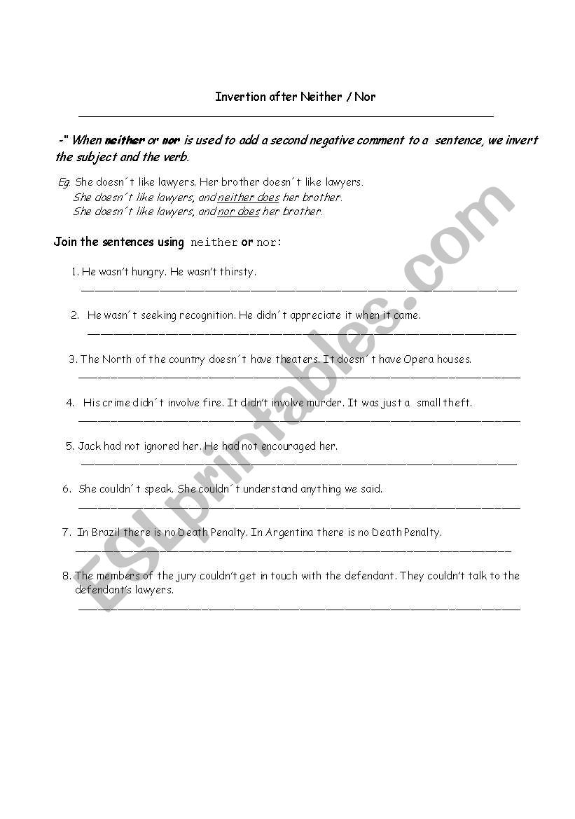 INVERTION AFTER NEITHER/NOR worksheet