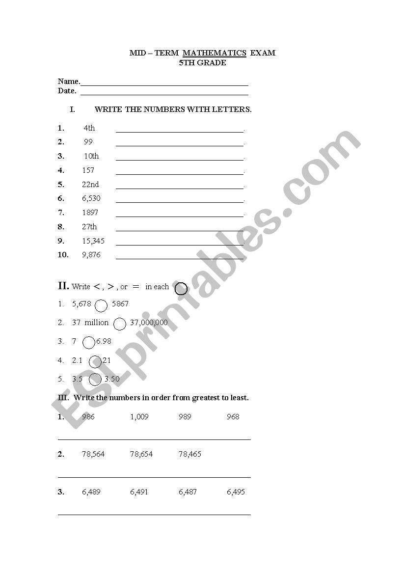 Example of a Math worksheet